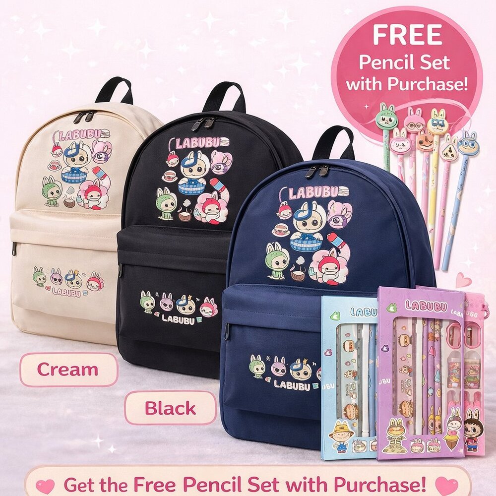 Kawaii LABUBU Backpack 🎒 Cute Aesthetic School Bag w/ Free Pencil Set | Cream B